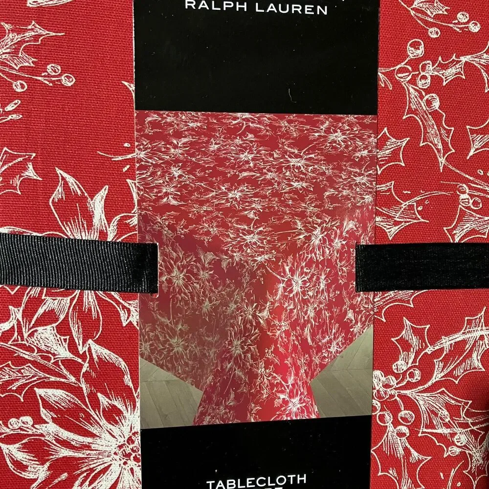 Ralph Lauren Tablecloth 60x84 Red Christmas Festive Rectangle‎ Poinsettia Cotton